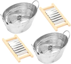 BESPORTBLE 2 Sets Dollhouse Wash Tub with Washboard Miniature Laundry Basin Mini Tinplate Washing Set 1: 12 Scale Washboard Wash Tub for Dollhouse Furniture