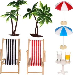 BESPORTBLE Beach Miniature Set Palm Trees Umbrellas Deckchairs Beverages Round Table for Dollhouse Fairy Garden Decoration Present Occasion