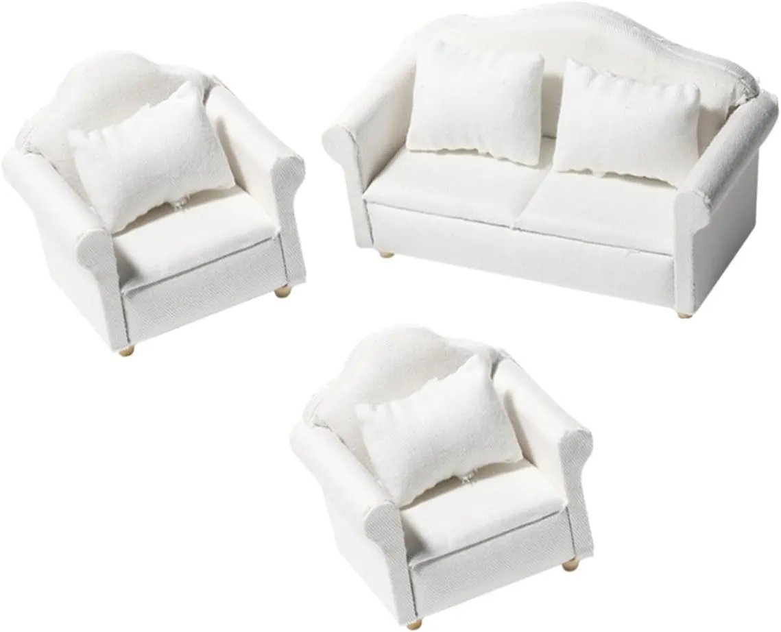BESTonZON Dollhouse Sofa Furniture Set 3pcs Mini White Couch for Miniature House