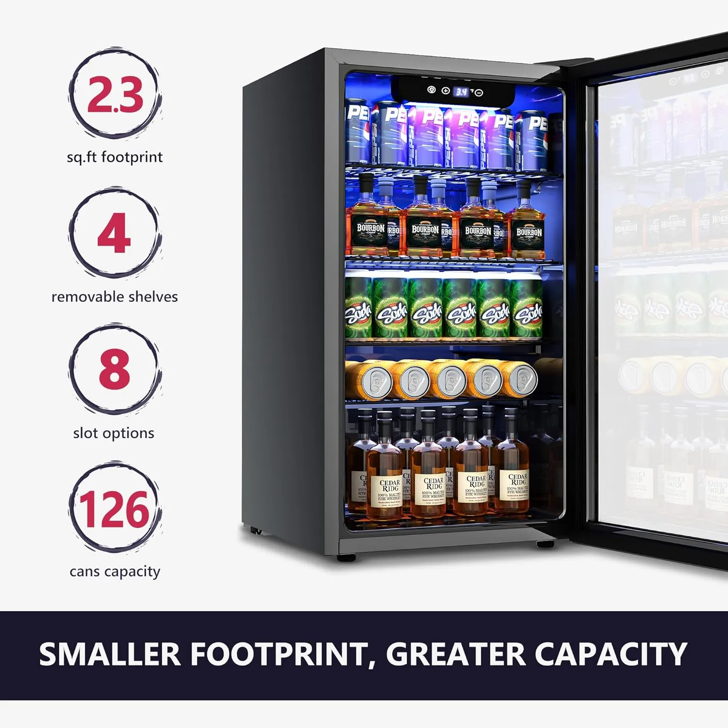 Beverage Refrigerator Cooler - 126 Can Mini Fridge with Glass Door for Soda Beer, Wine, Beverage Cooler for Home, Office, Bar with Adjustable Removable Shelves, Black