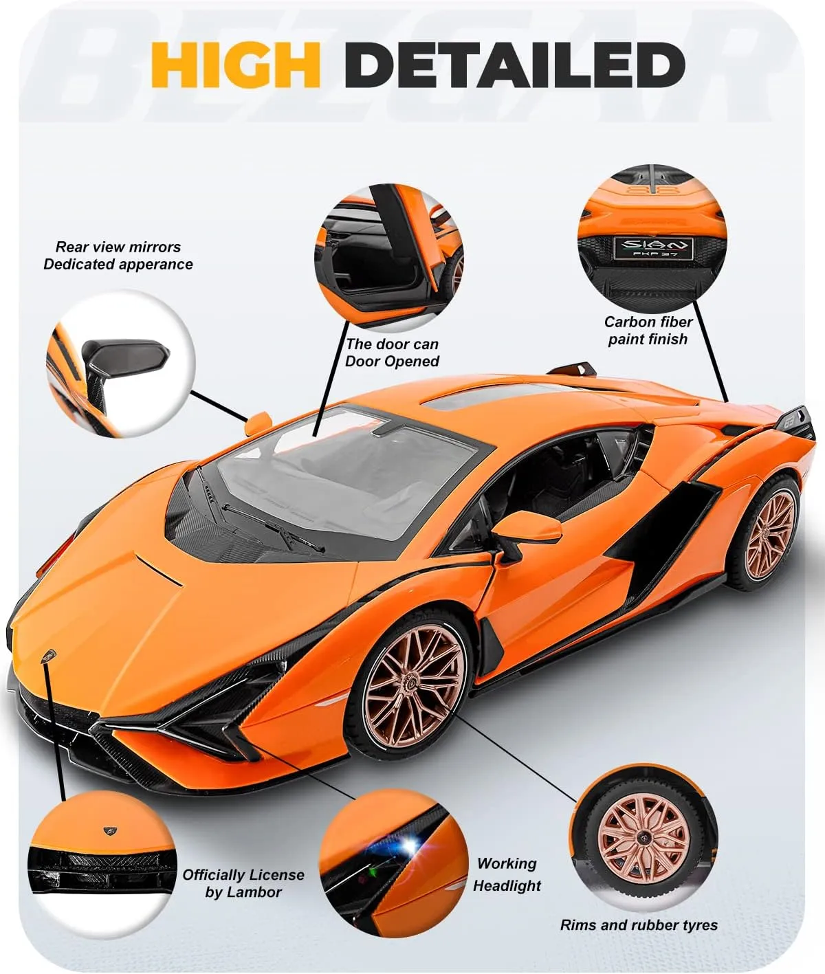 BEZGAR Remote Control Car - 1:14 Lambo Sián FKP 37 Electric Sport Racing Toy Car with Open Door, 2.4Ghz Licensed RC Car Series for Girls and Boys Age 8 9 10 11 12 Years Holiday Ideas Gift (Orange)