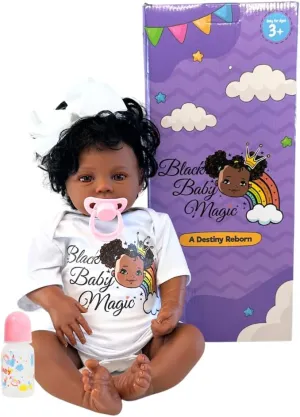 Black Baby Magic Reborn Destiny Doll w/Accessories, 6 Piece Gift Set, Soft Body, 17 Inch Newborn, Realistic, Curly Natural Hair, Black African American Girl (Zuri)