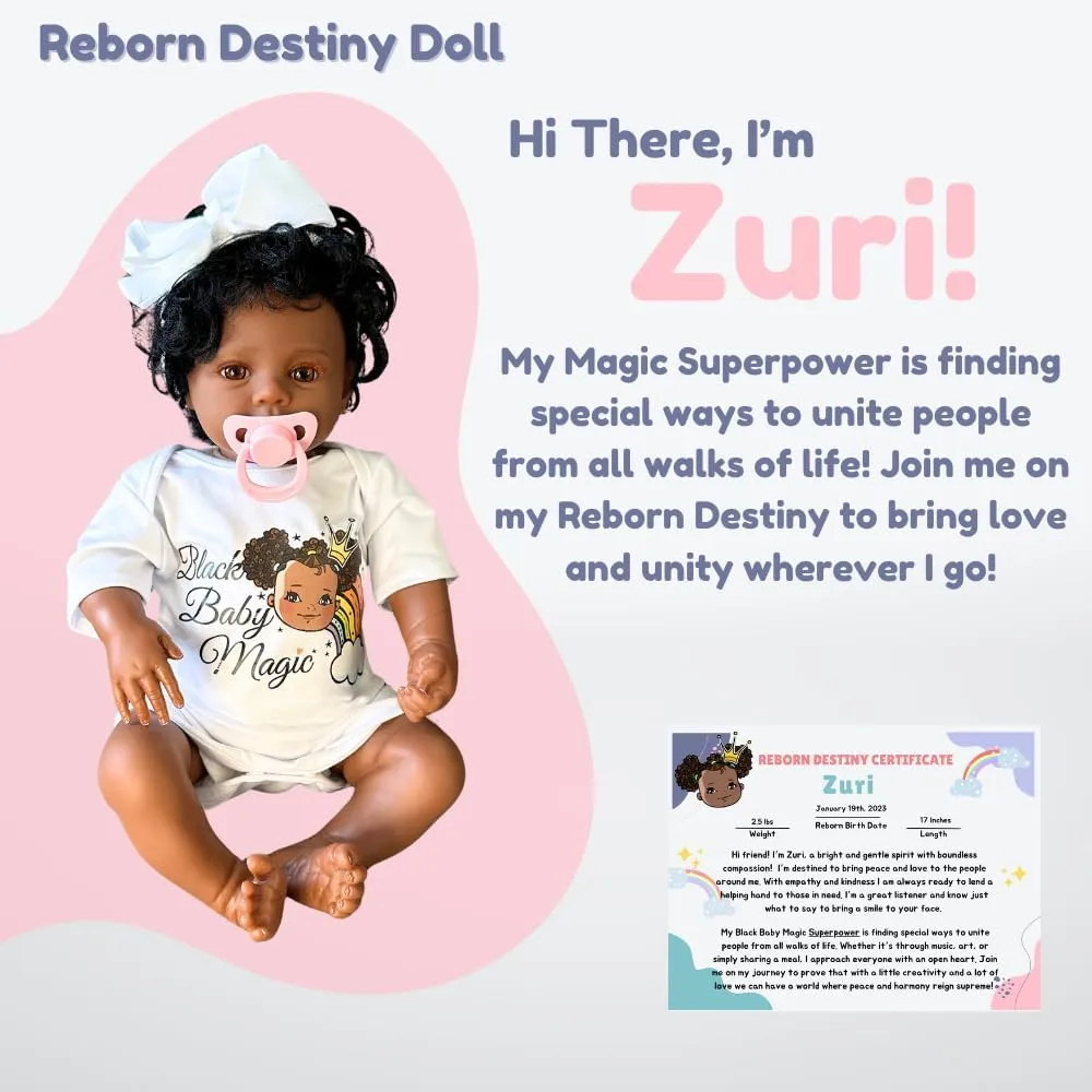 Black Baby Magic Reborn Destiny Doll w/Accessories, 6 Piece Gift Set, Soft Body, 17 Inch Newborn, Realistic, Curly Natural Hair, Black African American Girl (Zuri)