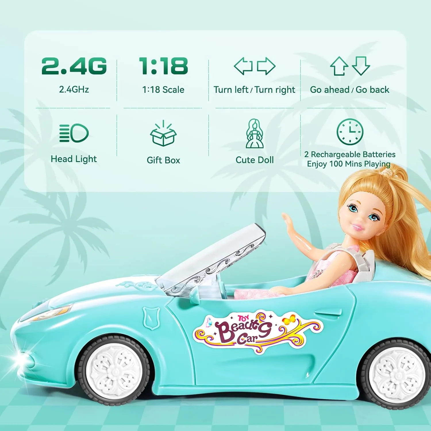 Blue Remote Control Car for Girls, 1:18 Scale RC Cars with LED Light, 2.4 GHZ Blue Truck Toy with 100 Min Long-Lasting Rechargeable Batteries, Gifts for Boys Girls Aged 4-7