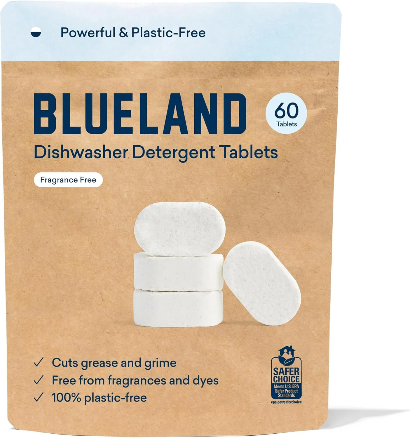 BLUELAND Dishwasher Detergent Tablets, 60 Count, Unscented 100% Plastic-Free Eco Friendly Dishwashing Pods, Natural, Sustainable