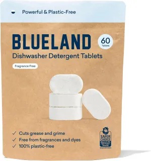 BLUELAND Dishwasher Detergent Tablets, 60 Count, Unscented 100% Plastic-Free Eco Friendly Dishwashing Pods, Natural, Sustainable