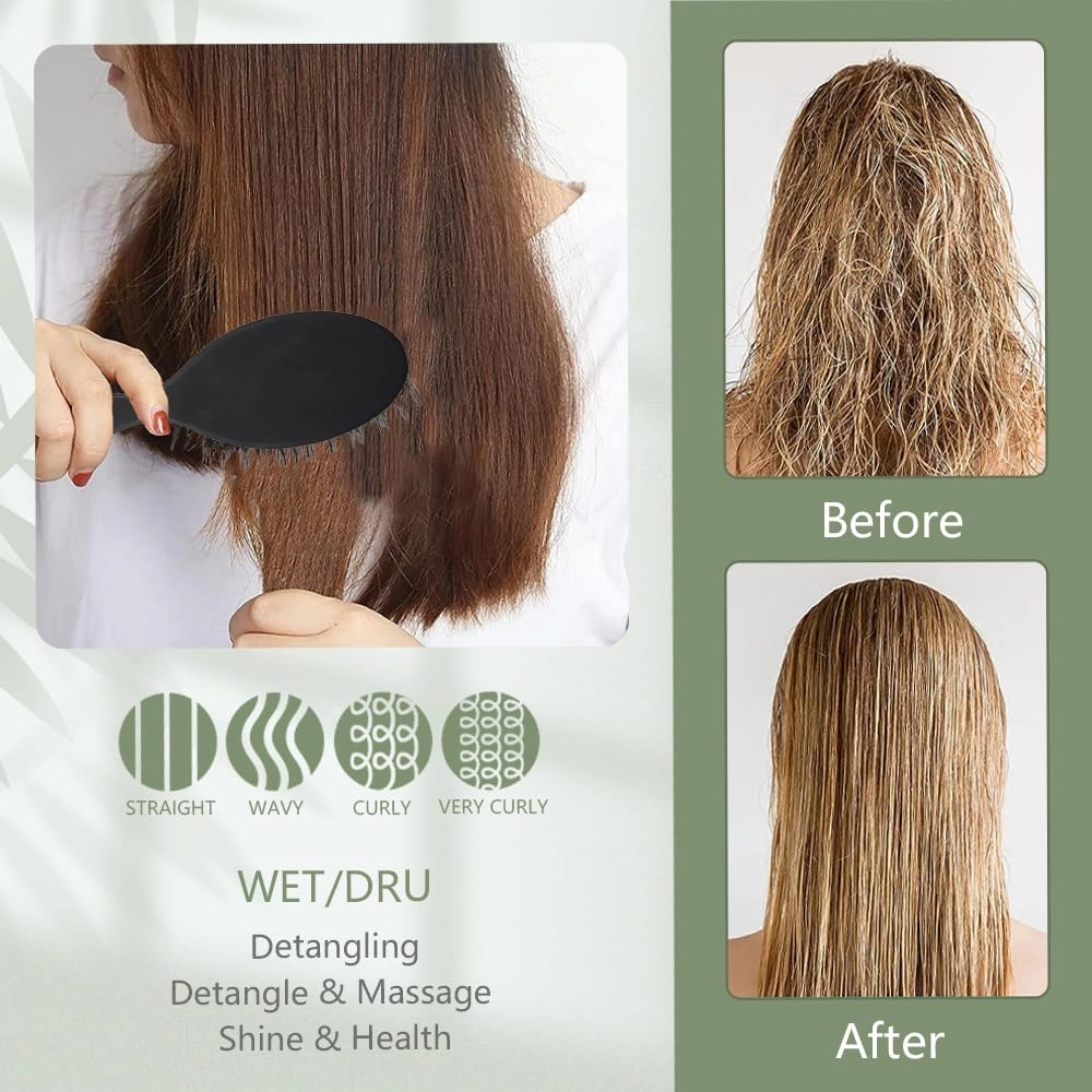 Boar Bristle Hair Brush Set Matte Finish Brush for Hair Extensions Mini Travel Brush Nylon Teeth Natural Paddle Detanging Cushion Brush for Hair Styling Smoothing