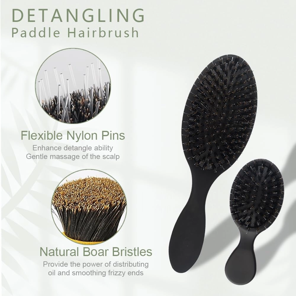 Boar Bristle Hair Brush Set Matte Finish Brush for Hair Extensions Mini Travel Brush Nylon Teeth Natural Paddle Detanging Cushion Brush for Hair Styling Smoothing