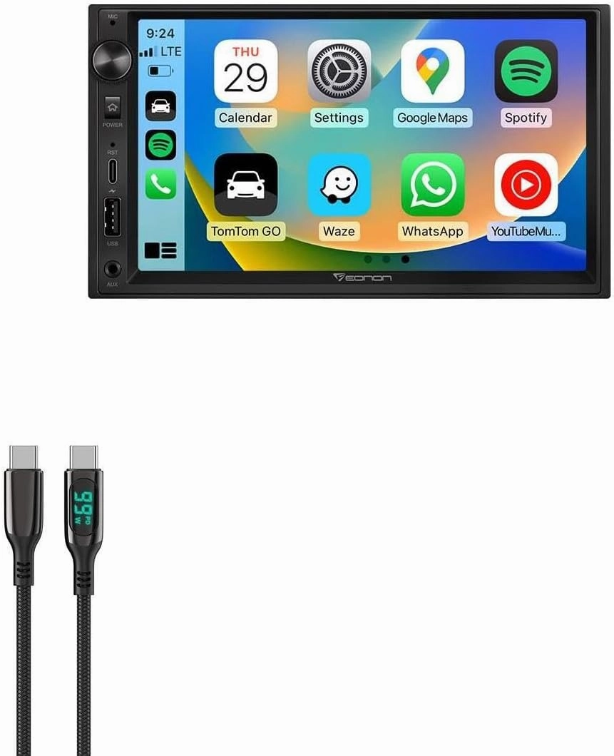 BoxWave Cable Compatible with Eonon X3 QLED Linux Double Din Car Stereo (7 in) - PowerDisplay PD Cable (6ft) - USB-C to USB-C (100W), LED Wattage Info Extra Long Braided Nylon - Jet Black