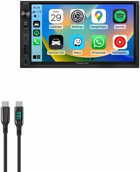 BoxWave Cable Compatible with Eonon X3 QLED Linux Double Din Car Stereo (7 in) - PowerDisplay PD Cable (6ft) - USB-C to USB-C (100W), LED Wattage Info Extra Long Braided Nylon - Jet Black