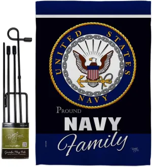 Breeze Decor Navy Proudly Family Garden Flag - Set with Stand Armed Forces USN Seabee United State American Military Veteran Retire Official - House Banner Small Yard Gift Double-Sided Made in USA