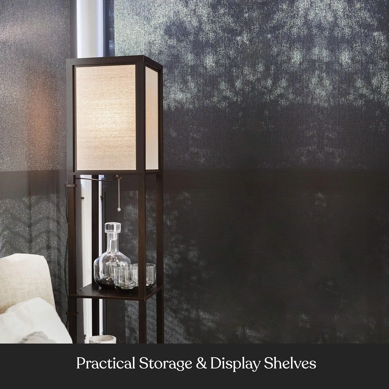 Brightech Maxwell - Modern Shelf Floor Lamp with Lamp Shade and LED Bulb - Corner Display Floor Lamps with Shelves for Living Room, Bedroom and Office - Havana Brown
