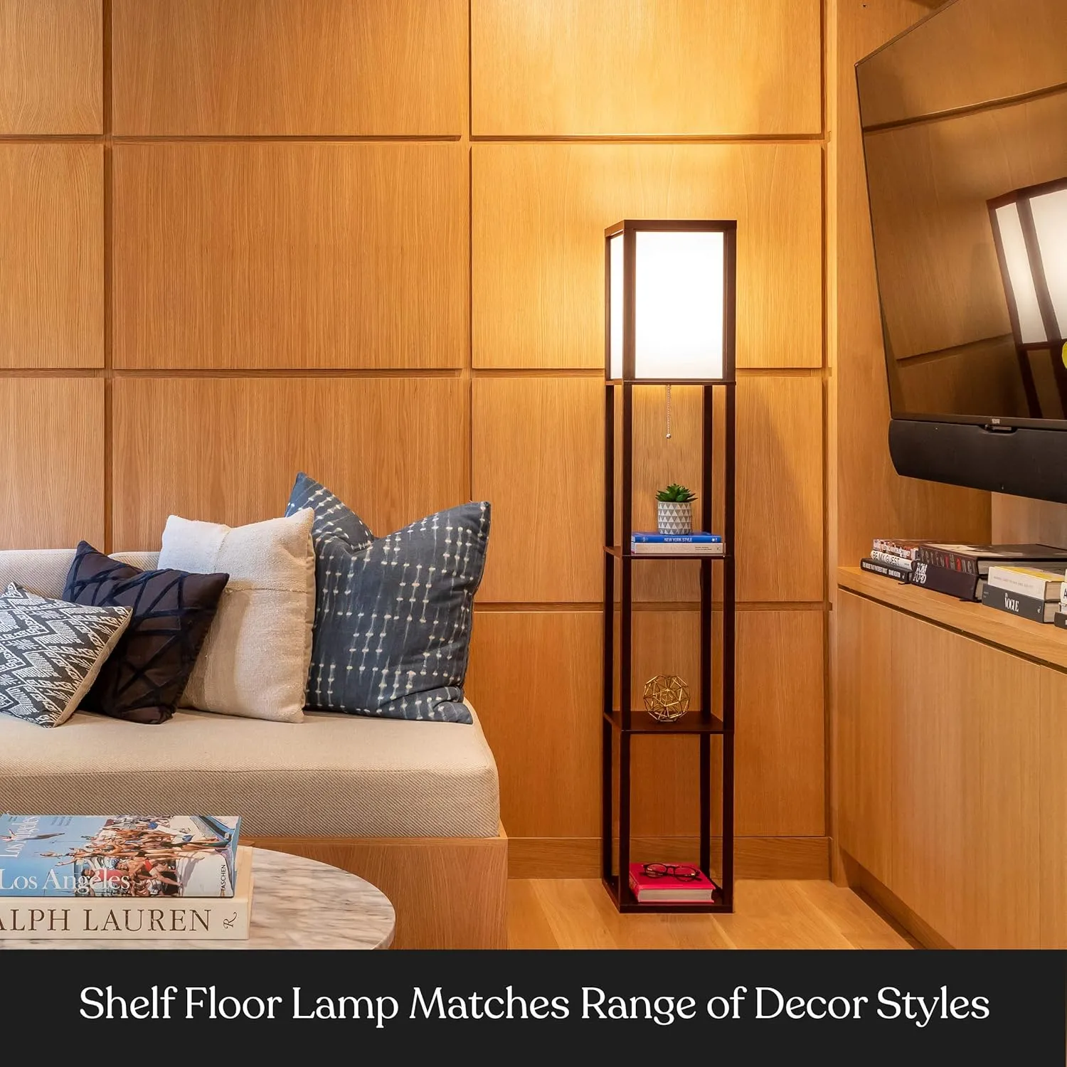 Brightech Maxwell - Modern Shelf Floor Lamp with Lamp Shade and LED Bulb - Corner Display Floor Lamps with Shelves for Living Room, Bedroom and Office - Havana Brown