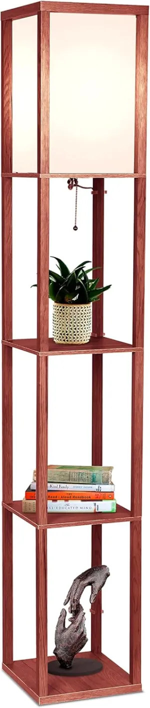 Brightech Maxwell - Modern Shelf Floor Lamp with Lamp Shade and LED Bulb - Corner Display Floor Lamps with Shelves for Living Room, Bedroom and Office - Walnut Brown