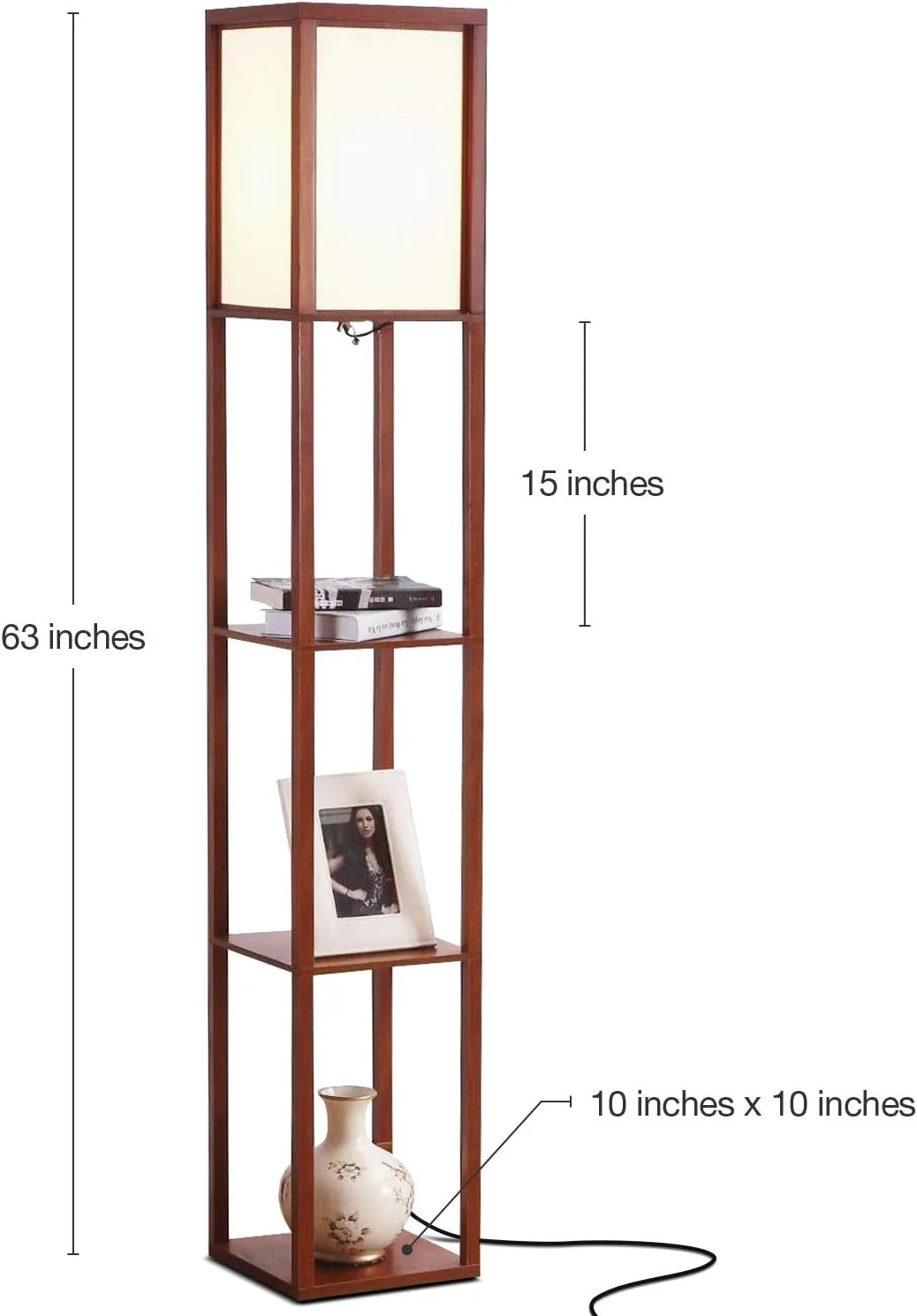 Brightech Maxwell - Modern Shelf Floor Lamp with Lamp Shade and LED Bulb - Corner Display Floor Lamps with Shelves for Living Room, Bedroom and Office - Walnut Brown