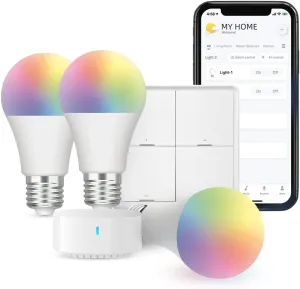 BroadLink Smart Home Starter Kit - Includes 3 Bulbs, 1 Scene Switch and 1 Hub, Uses FastCon and Bluetooth Low Energy Tech, Compatible with Alexa and Google Home