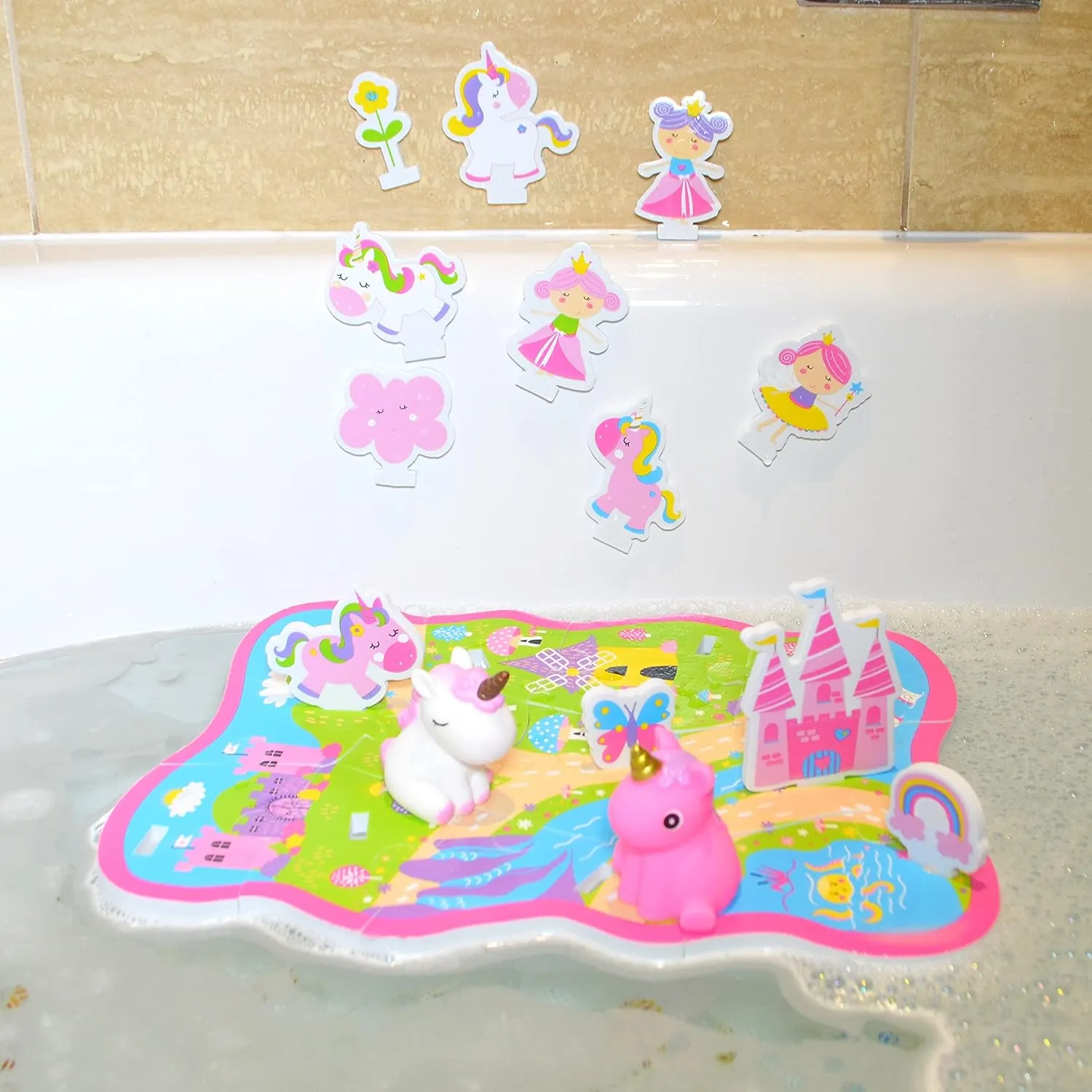 Buddy and Barney Bath Unicorn World Activity Set | Light up Floating Bath Toys for Toddlers | Set of 12 Floating Jigsaw Puzzle, 12 Foam Bath Stickers and Unicorn Water Squirter with Mesh Storage Bag