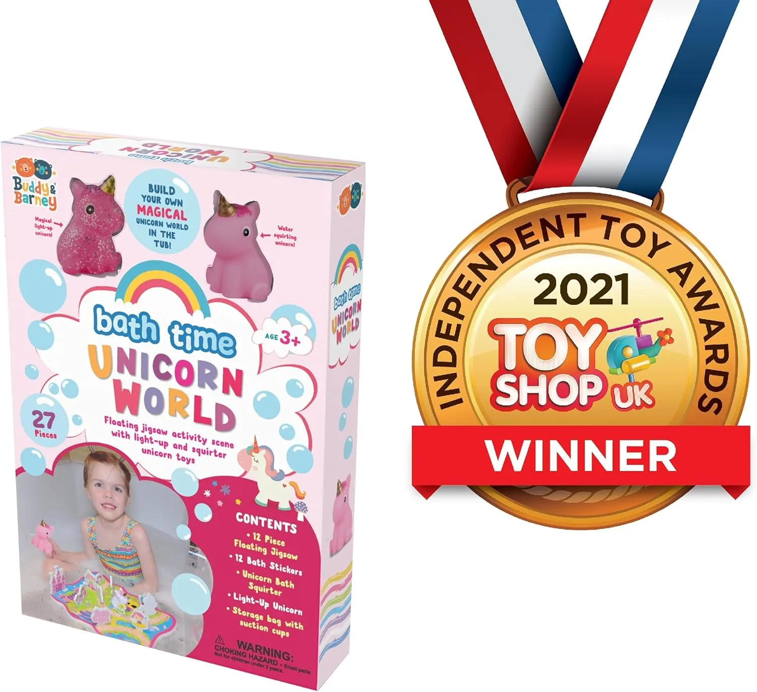 Buddy and Barney Bath Unicorn World Activity Set | Light up Floating Bath Toys for Toddlers | Set of 12 Floating Jigsaw Puzzle, 12 Foam Bath Stickers and Unicorn Water Squirter with Mesh Storage Bag