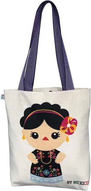 BY MEXICO Muñeca Oaxaca Canvas Totebag, Mexican Doll Travel Shoulder Bag w/Snap Closure