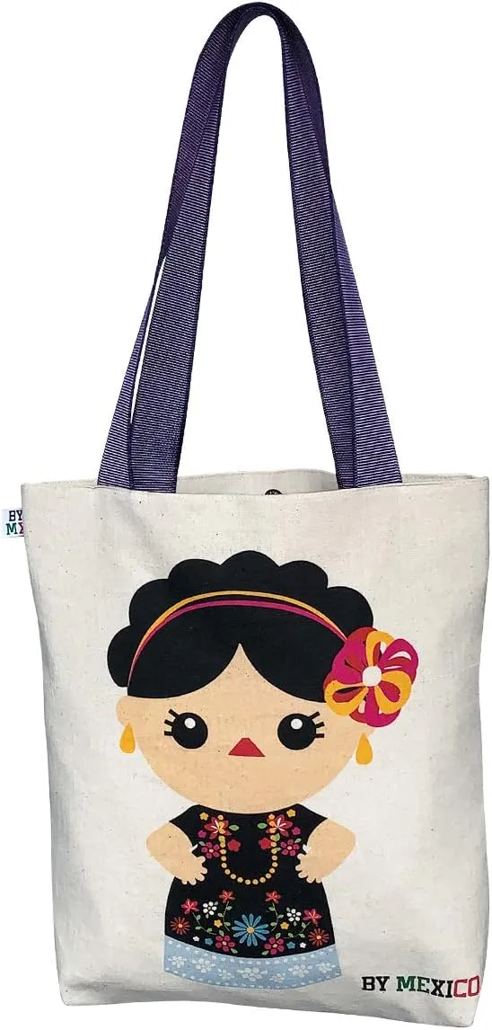 BY MEXICO Muñeca Oaxaca Canvas Totebag, Mexican Doll Travel Shoulder Bag w/Snap Closure