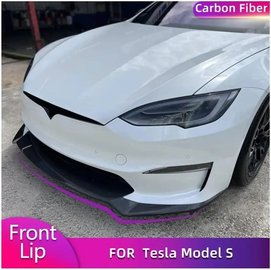 Car Bumper Front Carbon Fiber Lip Spoiler Compatible for Tesla Model S Plaid Sedan 2021-2023 Racing Chin Apron Guard Body Kit(Gloss Carbon Fiber)