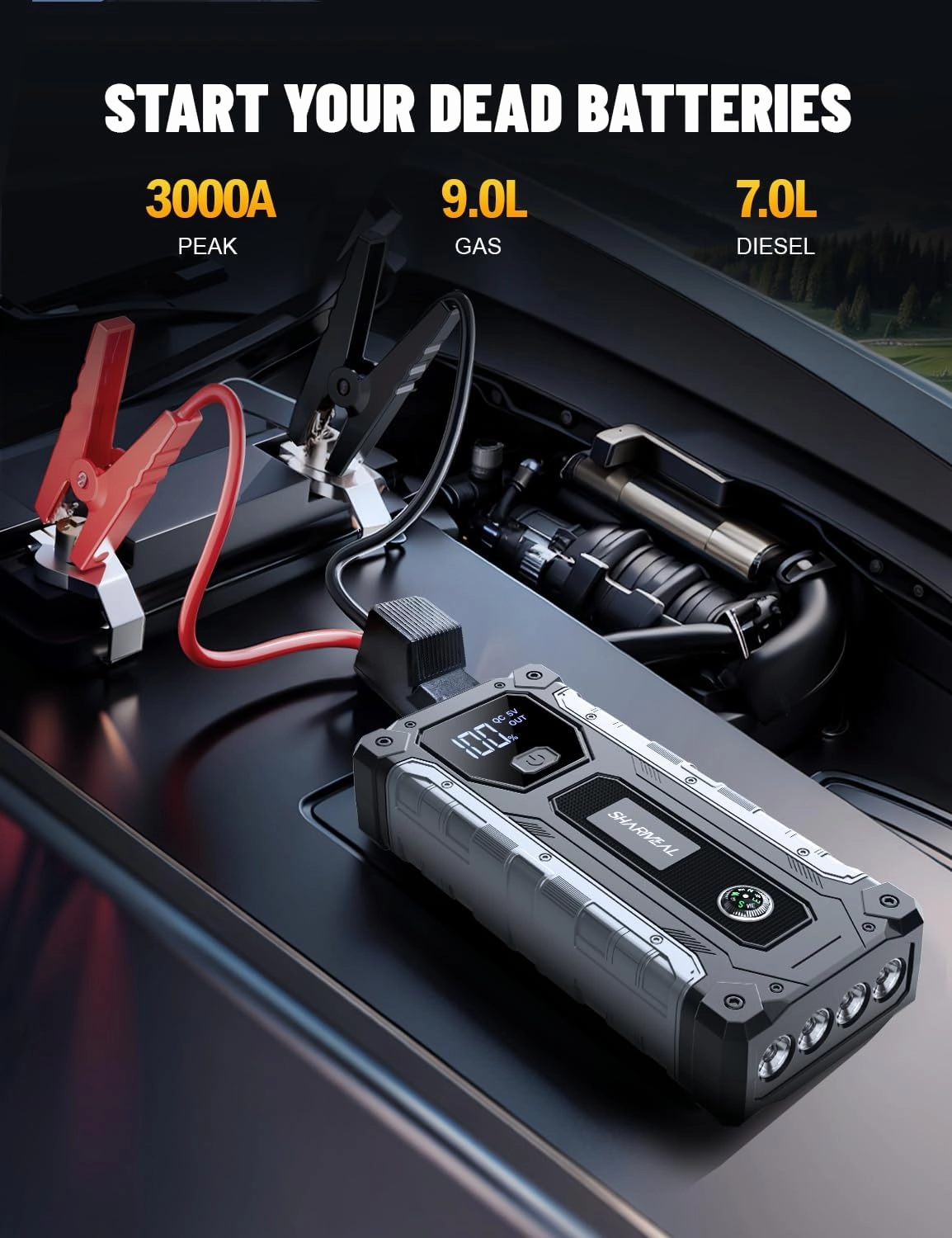 Car Jump Starter 3000A, Jump Starter Battery Pack for Up to 9.0L Gas and 7.0L Diesel Engines, 12V Portable Jump Box with LED Light