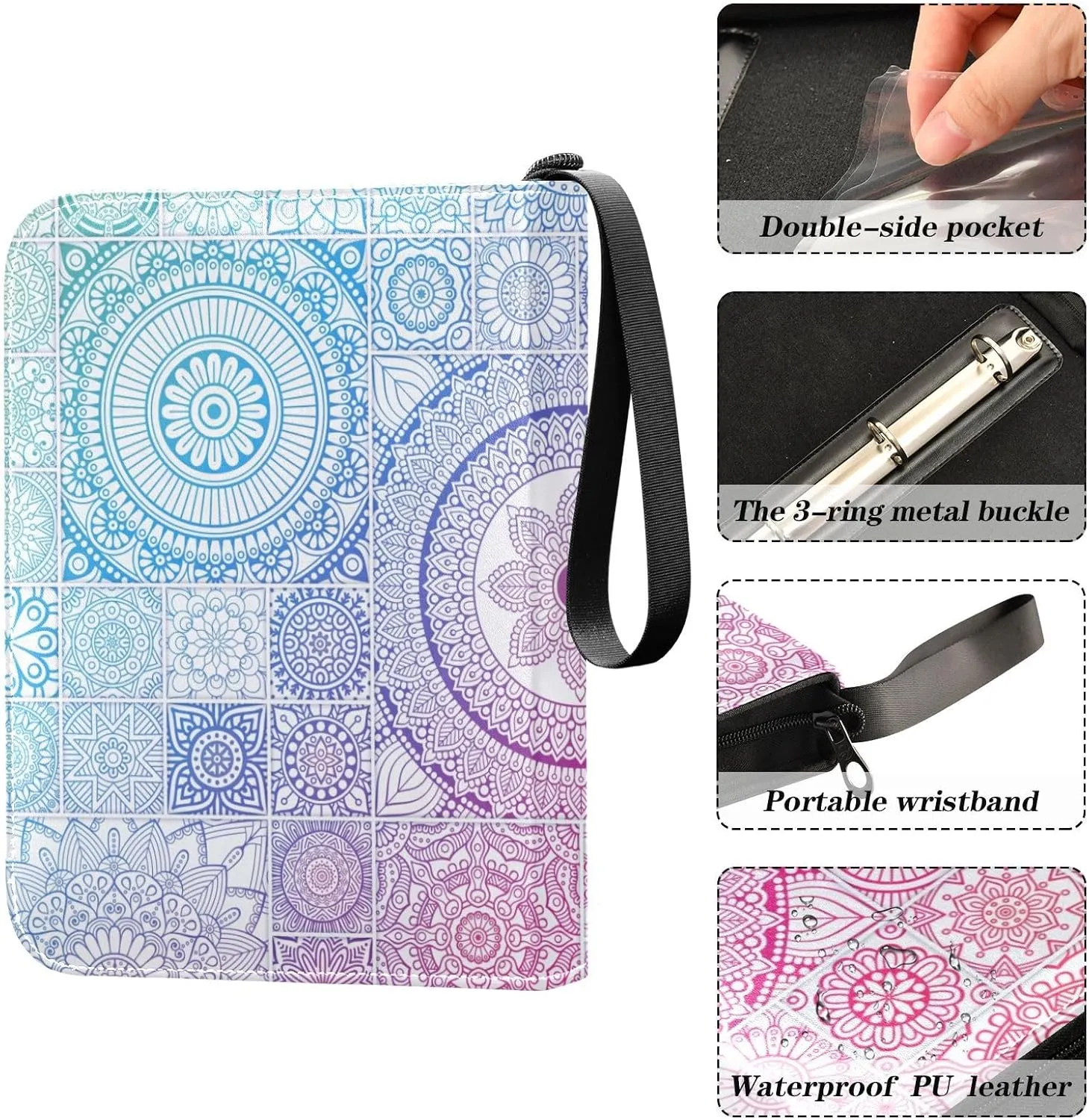 Card Binder 4 Pocket Trading Card Binder Holds 400 Cards with 50 Removable Sleeves for Boys Girls Game Cards Sports Cards Colorful Mandala