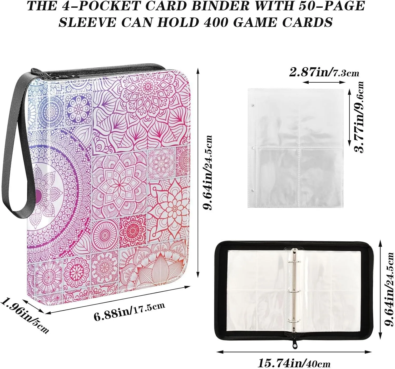 Card Binder 4 Pocket Trading Card Binder Holds 400 Cards with 50 Removable Sleeves for Boys Girls Game Cards Sports Cards Colorful Mandala