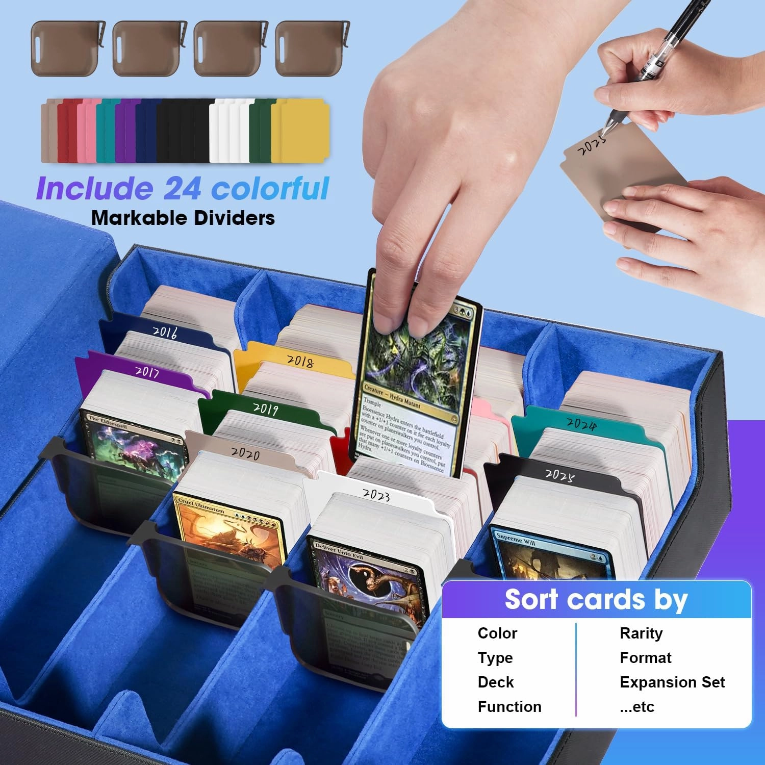 Card Organizer Box, 3000 Trading Card Storage Box, PU Leather Card Organizer Box With 24 Dividers, Magnetic Closure, 4 Supporters, Card Holder Box For Game Sports Card,Blue
