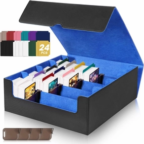 Card Organizer Box, 3000 Trading Card Storage Box, PU Leather Card Organizer Box With 24 Dividers, Magnetic Closure, 4 Supporters, Card Holder Box For Game Sports Card,Blue