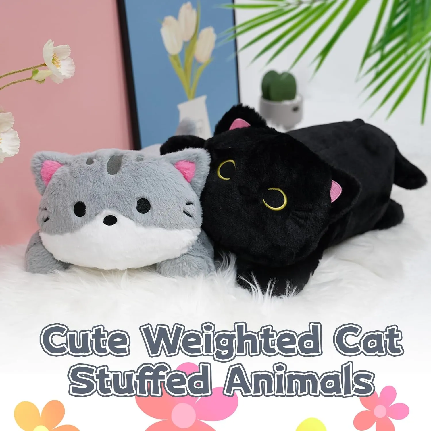 Cat Weighted Stuffed Animals,18 Inch 2 lbs Weighted Cat Plush Pillow,Soft Kawaii Large Grey Kitten Stuffed Animal Cuddle Plush Toy Gifts for Kids