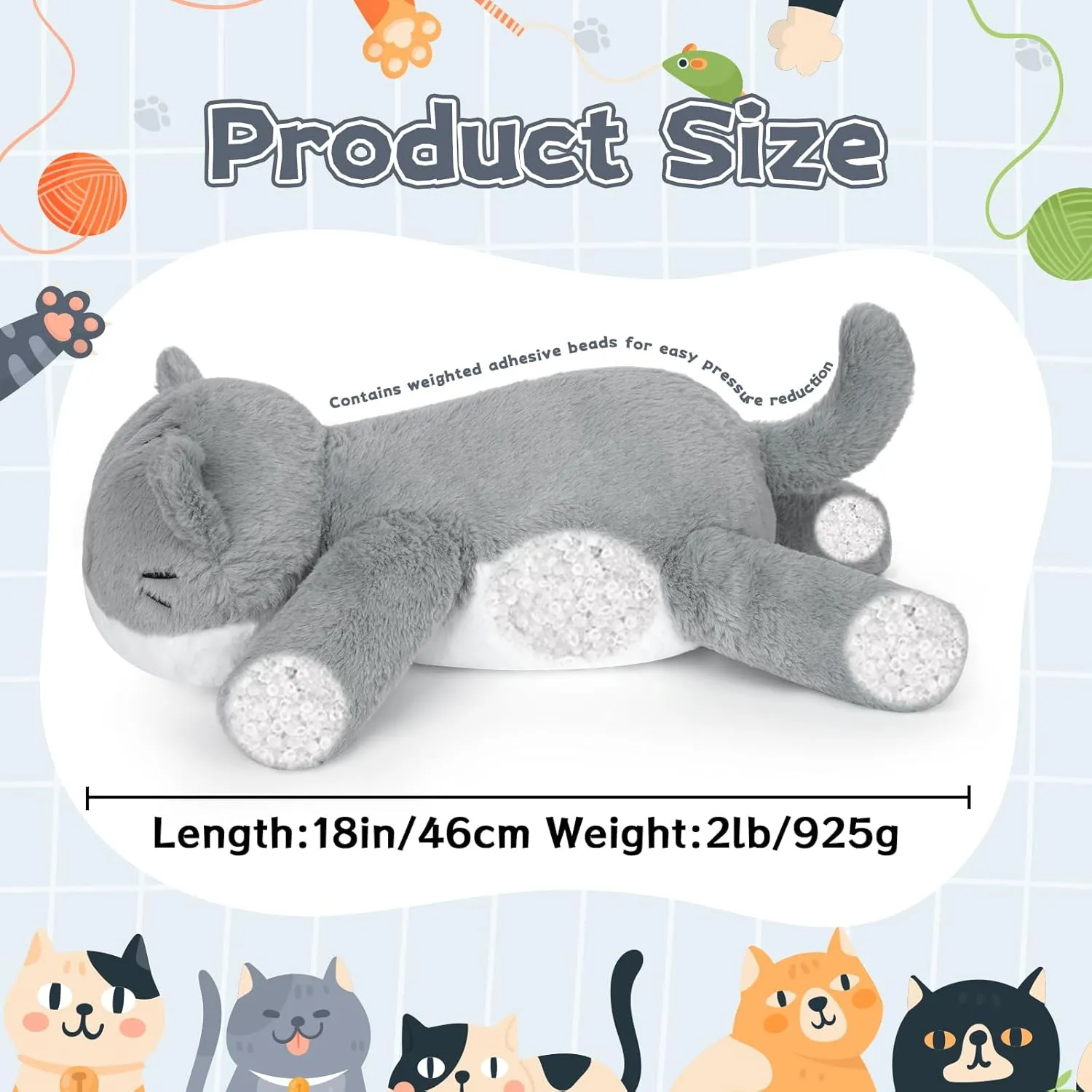 Cat Weighted Stuffed Animals,18 Inch 2 lbs Weighted Cat Plush Pillow,Soft Kawaii Large Grey Kitten Stuffed Animal Cuddle Plush Toy Gifts for Kids