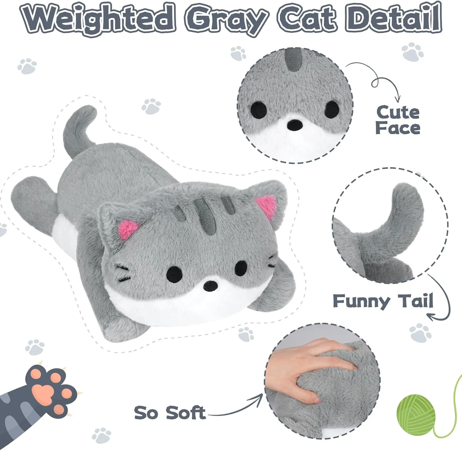 Cat Weighted Stuffed Animals,18 Inch 2 lbs Weighted Cat Plush Pillow,Soft Kawaii Large Grey Kitten Stuffed Animal Cuddle Plush Toy Gifts for Kids