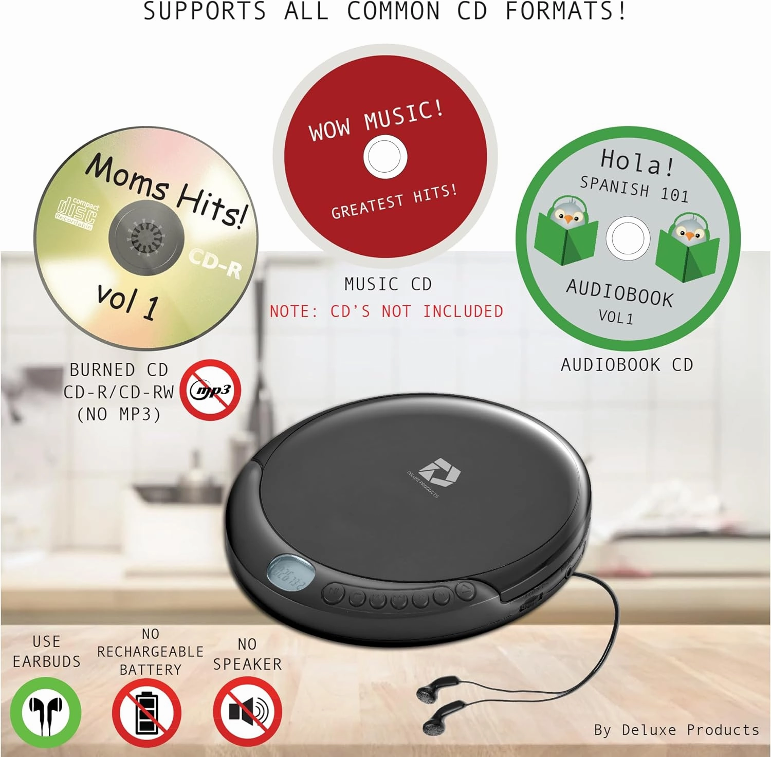 CD Player Portable with 60 Second Anti Skip, Stereo Earbuds, Includes Aux in Cable and AC USB Power Cable for use at Home or in Car