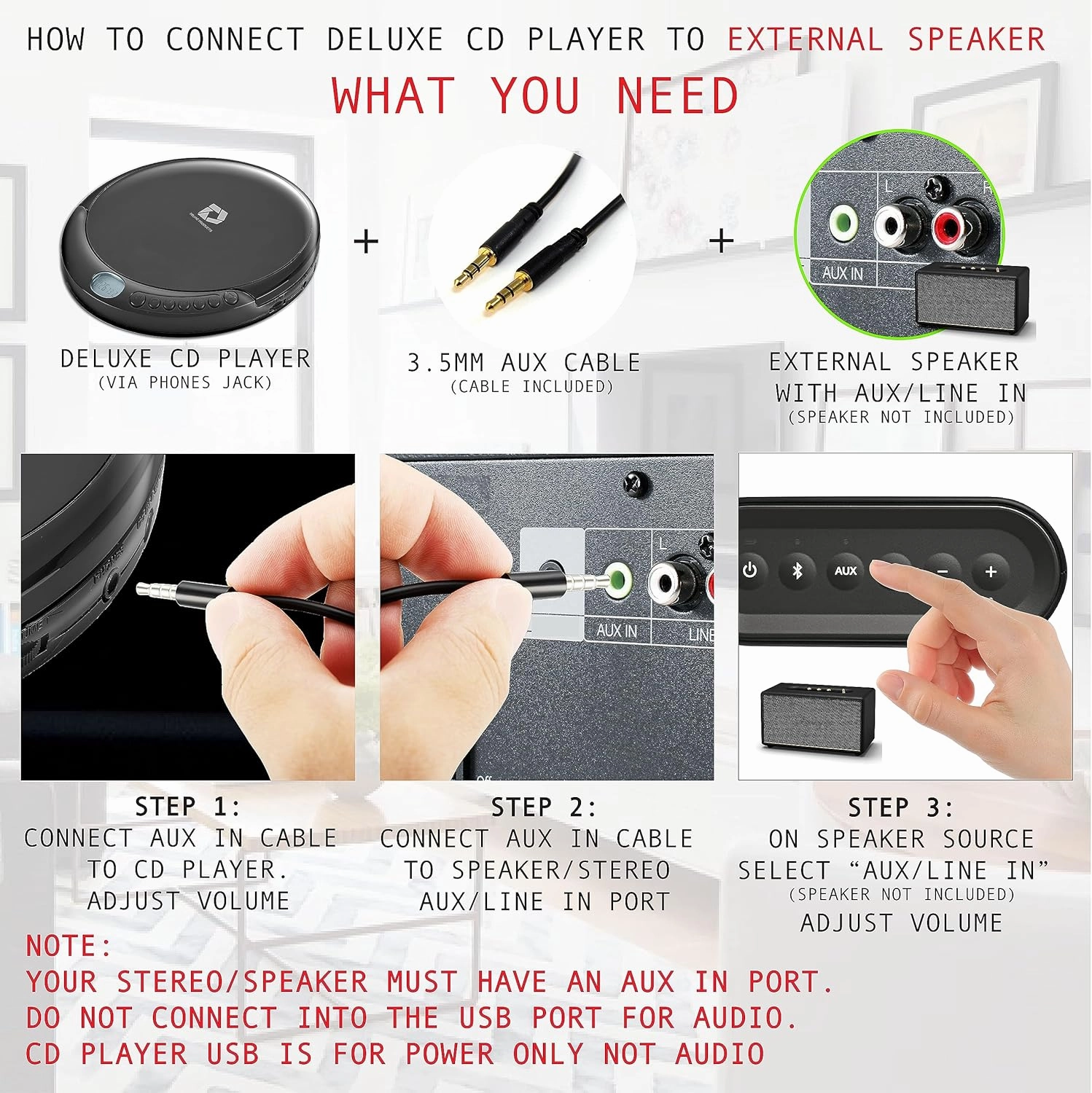 CD Player Portable with 60 Second Anti Skip, Stereo Earbuds, Includes Aux in Cable and AC USB Power Cable for use at Home or in Car