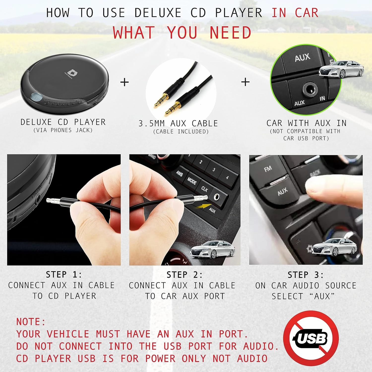 CD Player Portable with 60 Second Anti Skip, Stereo Earbuds, Includes Aux in Cable and AC USB Power Cable for use at Home or in Car