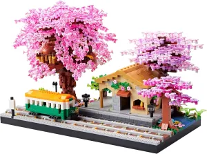 Cherry Train Building Set, Japanese Sakura Train Station Scene with Cherry Blossom Trees, Collectible Architecture Model Kit Mini Bricks Toys 3668 Pieces