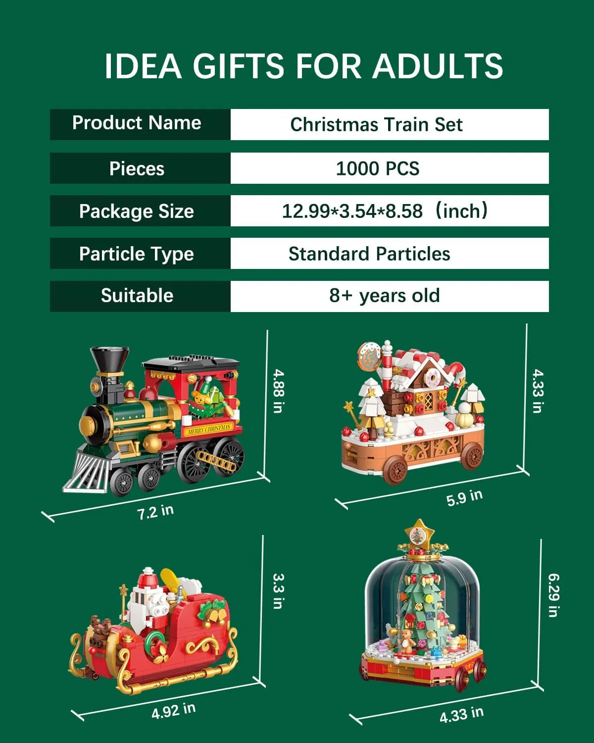 Christmas Building Blocks Toy Sets, Train Santa Claus Tree Gingerbread House 1000 PCS, Holiday Decor Block Kit, Creative for Kids Adults (5165)