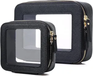 Clear Makeup Bag Waterproof Travel Case for Cosmetics and Toiletries Women's Purse Organizer and Clear Car Bag with Zipper (Black, M MINI)
