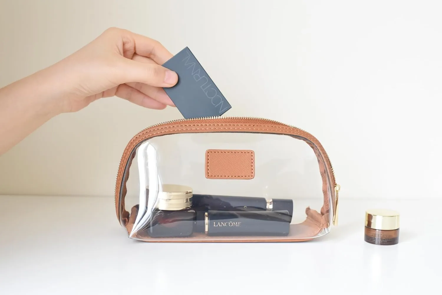 clear makeup bag,leather makeup case,travel toiletry bag,portable cosmetic bag,transparent waterproof cosmetic organizer storage bag (Brown, Small)