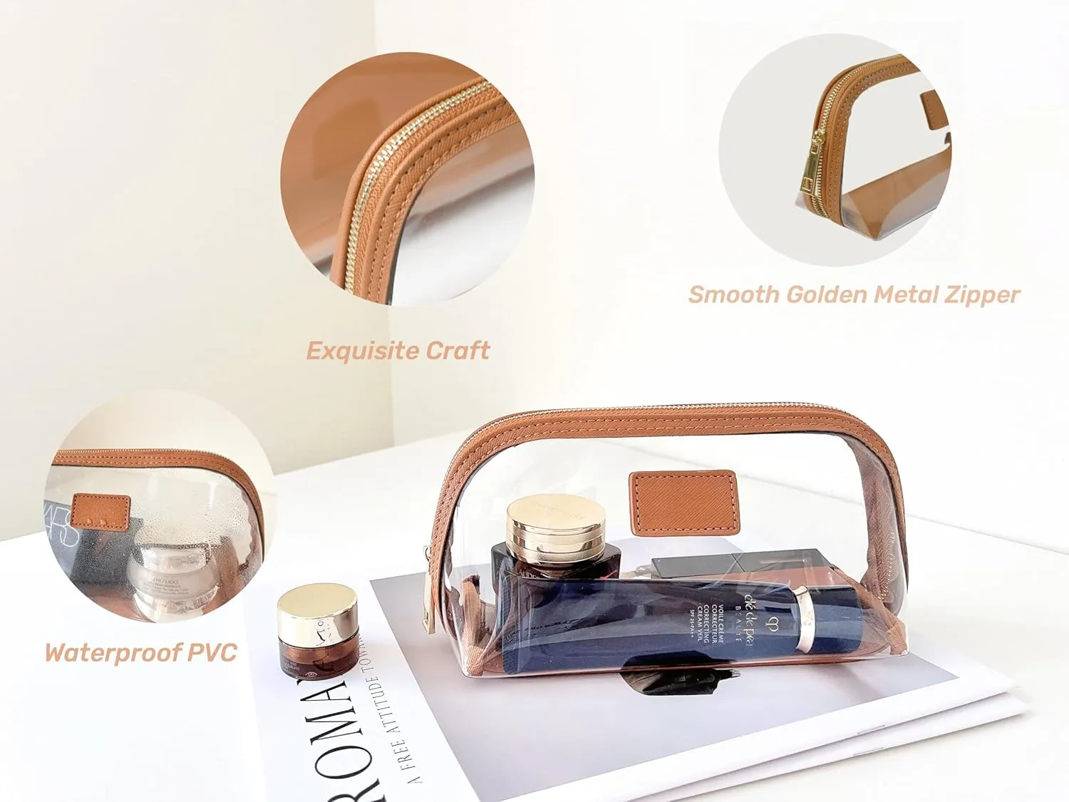 clear makeup bag,leather makeup case,travel toiletry bag,portable cosmetic bag,transparent waterproof cosmetic organizer storage bag (Brown, Small)
