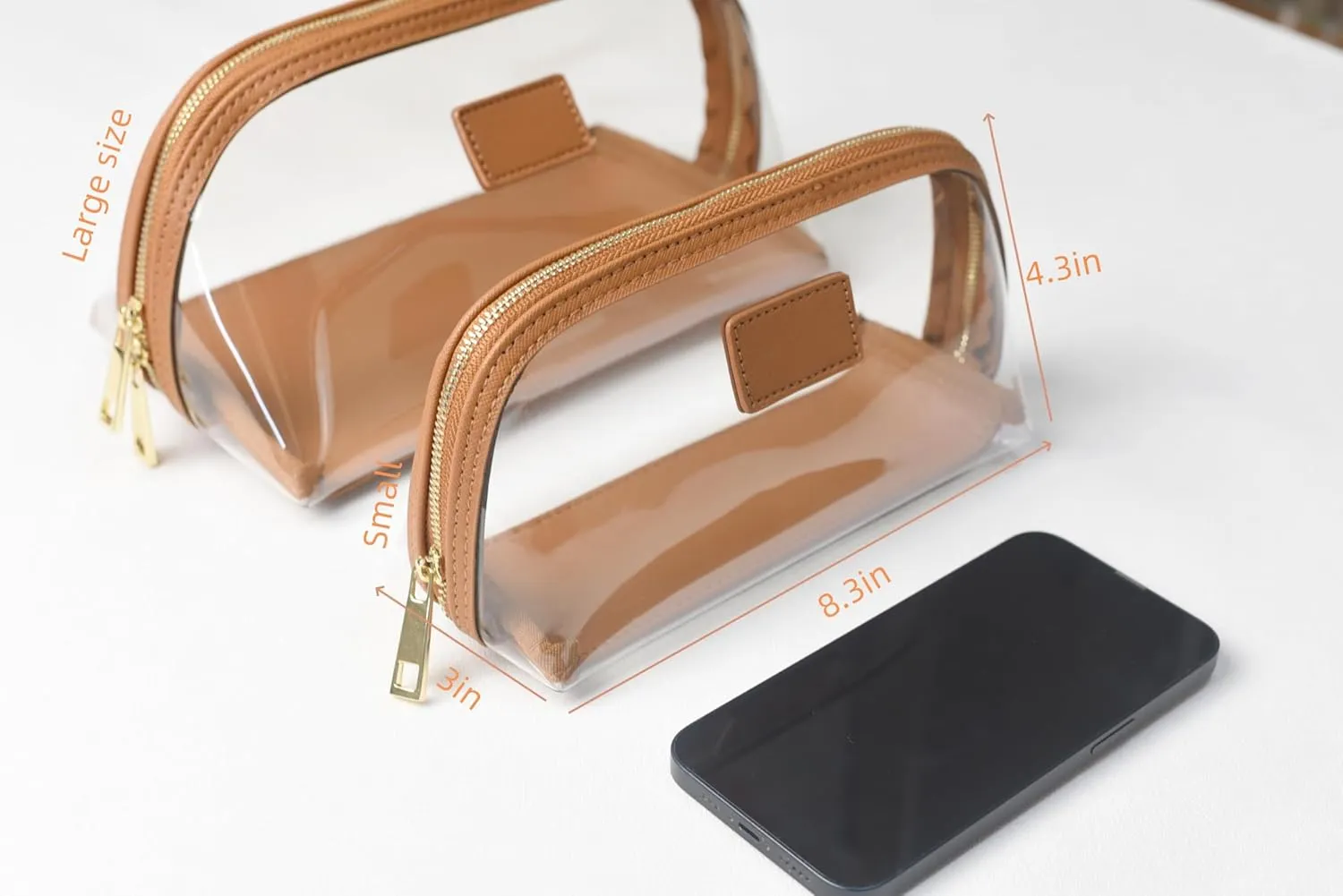 clear makeup bag,leather makeup case,travel toiletry bag,portable cosmetic bag,transparent waterproof cosmetic organizer storage bag (Brown, Small)