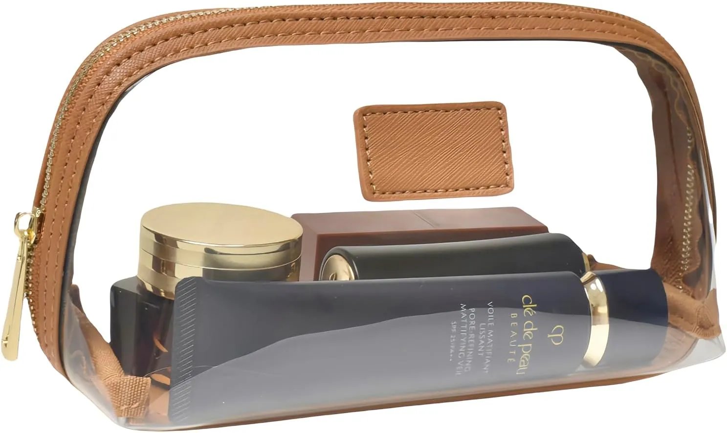 clear makeup bag,leather makeup case,travel toiletry bag,portable cosmetic bag,transparent waterproof cosmetic organizer storage bag (Brown, Small)