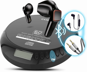 Coby Portable CD Player with Bluetooth & Wireless Earbuds, Wired Earbuds, FM Radio, AUX, MP3 Anti-Skip for Home, Car, Rechargeable Ear Buds, Lightweight