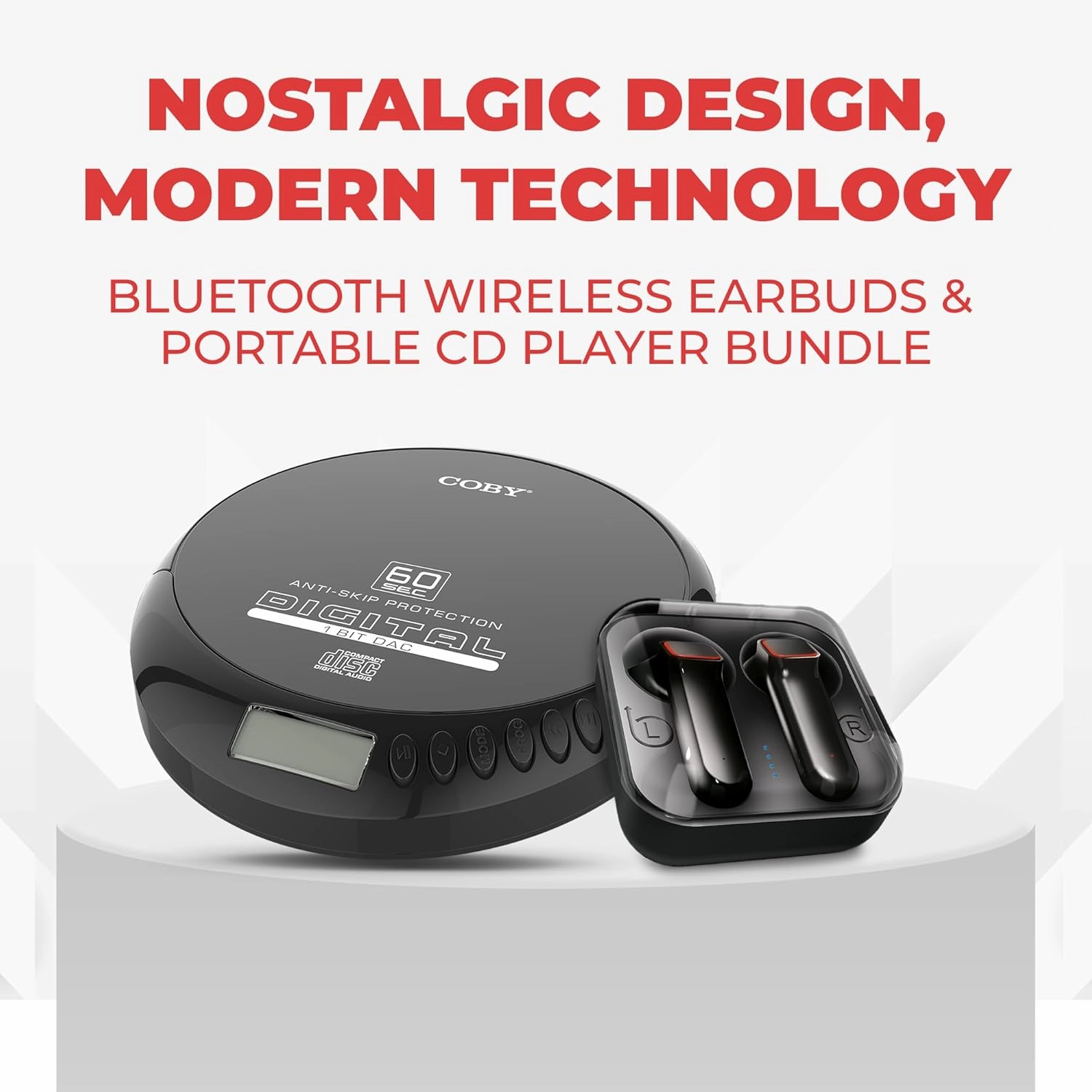 Coby Portable CD Player with Bluetooth & Wireless Earbuds, Wired Earbuds, FM Radio, AUX, MP3 Anti-Skip for Home, Car, Rechargeable Ear Buds, Lightweight