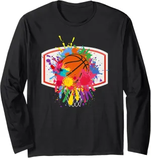 Colorful Basketball Tie Dye Color Splash Hoop Net Slam Dunk Long Sleeve T-Shirt