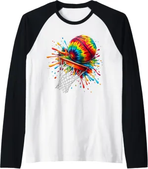 Colorful Basketball Tie Dye Color Splash Hoop Net Slam Dunk Raglan Baseball Tee
