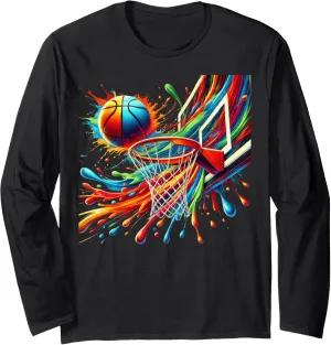 Colorful Basketball Tie Dye Splash Hoop Net Team Slam Dunk Long Sleeve T-Shirt