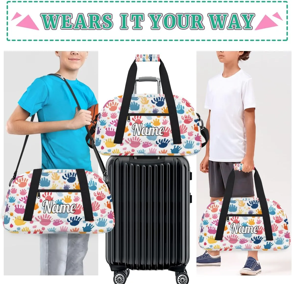 Colorful Fingerprint Cartoon Print Personalized Kids Gym Bag Custom Dance Bag with Name Sport Duffel Bag for Girls Boys Weekender Overnight Travel Bag