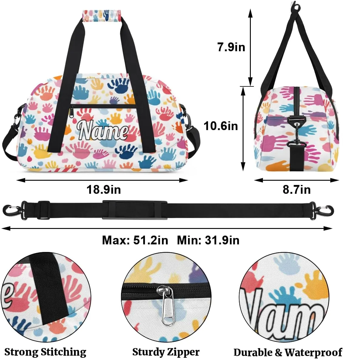 Colorful Fingerprint Cartoon Print Personalized Kids Gym Bag Custom Dance Bag with Name Sport Duffel Bag for Girls Boys Weekender Overnight Travel Bag